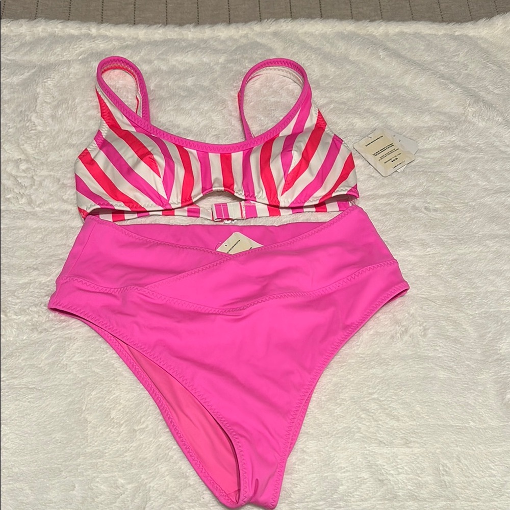 Pink and Red Striped Swimsuit